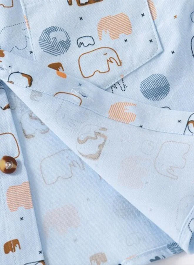 يونيكي Blue Mandarin Collar Short Sleeve Printed Shirt