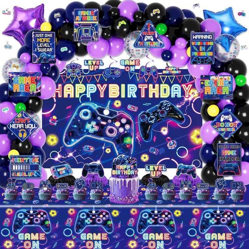 Mpanwen Video Game Birthday Decorations 178Pcs Game Gaming Birthday Party Decor Supplies Backdrop Sticker Balloons Cake Toppers Tablecloth Centerpieces Hanging Swirls Wall Signs - Image 3