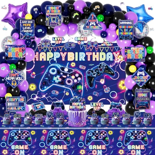 Mpanwen Video Game Birthday Decorations 178Pcs Game Gaming Birthday Party Decor Supplies Backdrop Sticker Balloons Cake Toppers Tablecloth Centerpieces Hanging Swirls Wall Signs - Image 1