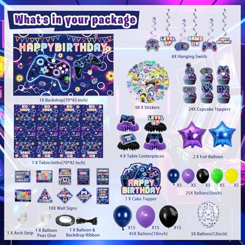 Mpanwen Video Game Birthday Decorations 178Pcs Game Gaming Birthday Party Decor Supplies Backdrop Sticker Balloons Cake Toppers Tablecloth Centerpieces Hanging Swirls Wall Signs - Image 5