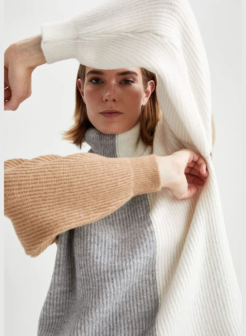 ديفاكتو Geometric Multi Coloured Turtleneck Oversize Fit Extra Soft Knitwear Tunic
