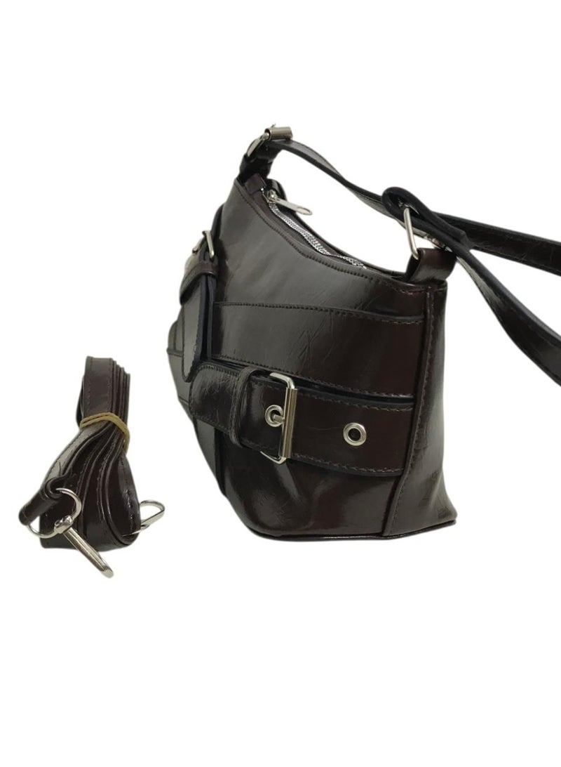 Medium Size Women Shiny Leather Crossbody Bag with Single Zipper, Stylish Shoulder Bag for Daily Use - Image 3