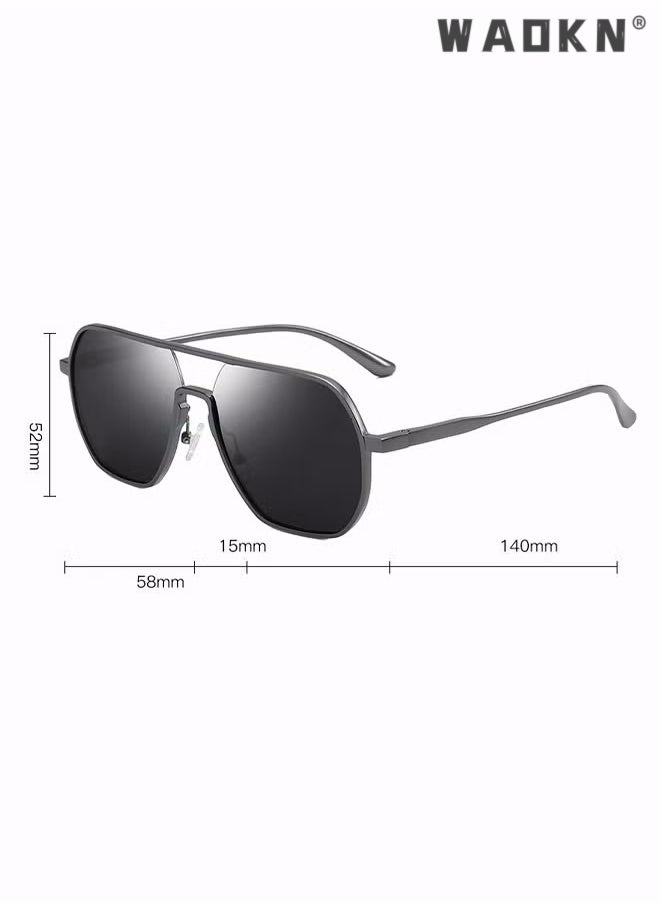 WAOKN - Men's Polarized Sunglasses Black Gray Polygon Lens UV400 Aluminum Magnesium Alloy Arms for Driving Traveling Hunting with Case ,Fashion Anti-Glare Sun Shades for Driving, Fishing, Traveling - Image 1