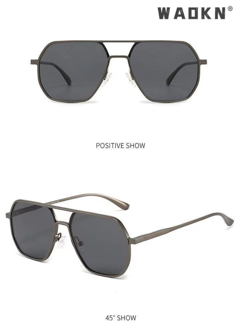 WAOKN - Men's Polarized Sunglasses Black Gray Polygon Lens UV400 Aluminum Magnesium Alloy Arms for Driving Traveling Hunting with Case ,Fashion Anti-Glare Sun Shades for Driving, Fishing, Traveling - Image 1