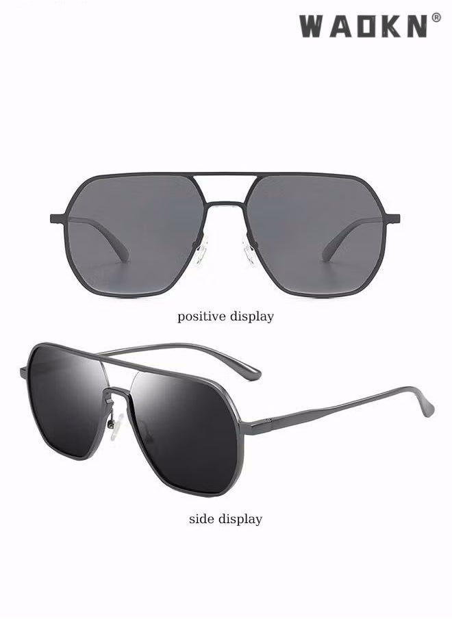 WAOKN - Men's Polarized Sunglasses Black Gray Polygon Lens UV400 Aluminum Magnesium Alloy Arms for Driving Traveling Hunting with Case ,Fashion Anti-Glare Sun Shades for Driving, Fishing, Traveling - Image 1