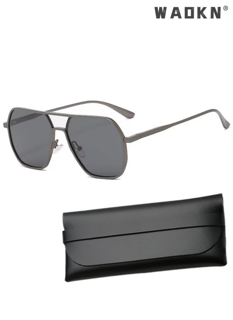 WAOKN - Men's Polarized Sunglasses Black Gray Polygon Lens UV400 Aluminum Magnesium Alloy Arms for Driving Traveling Hunting with Case ,Fashion Anti-Glare Sun Shades for Driving, Fishing, Traveling - Image 1