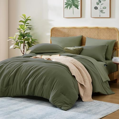 WRENSONGE Queen Comforter Set- 7 Pieces Soft Olive Green Bed in a Bag with Fitted Sheet, Flat Sheet, 2 Pillow Shams, and 2 Pillowcases- Warm Bedding Sets Queen for All Season - Image 1