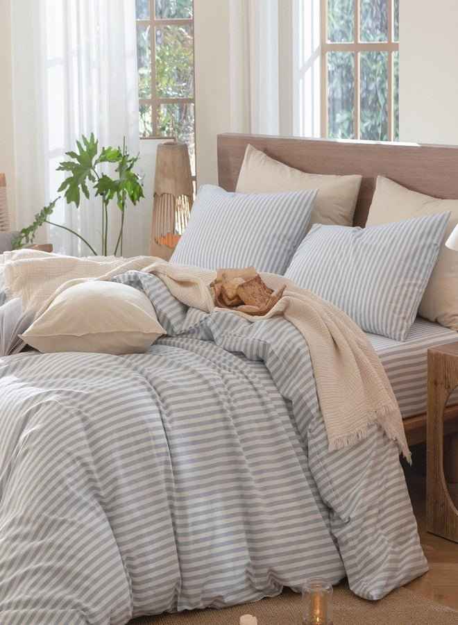 MooMee Striped Duvet Cover Set 100% Washed Cotton Linen Like Textured Breathable Durable Soft Comfy (Cornflower Blue White Classic Stripes, Cal King 104"x98") - Image 3
