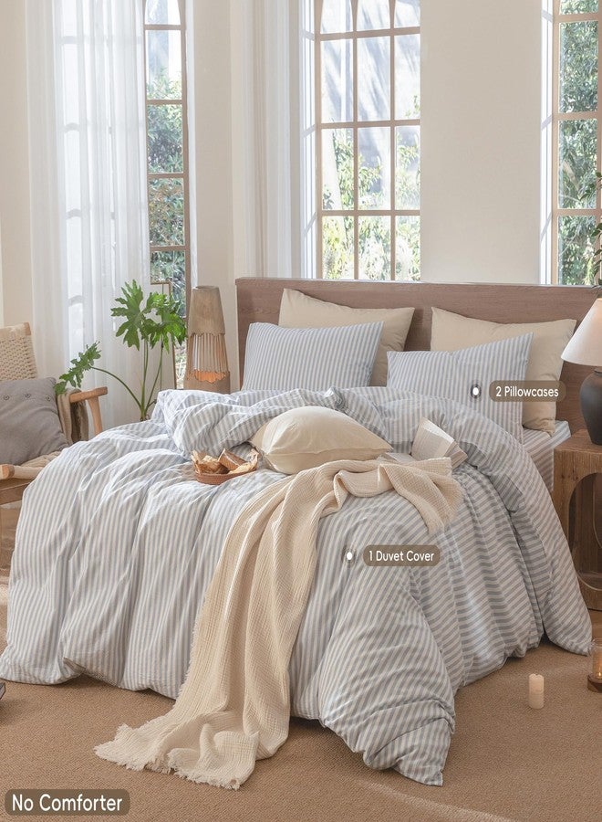 MooMee Striped Duvet Cover Set 100% Washed Cotton Linen Like Textured Breathable Durable Soft Comfy (Cornflower Blue White Classic Stripes, Cal King 104"x98") - Image 2