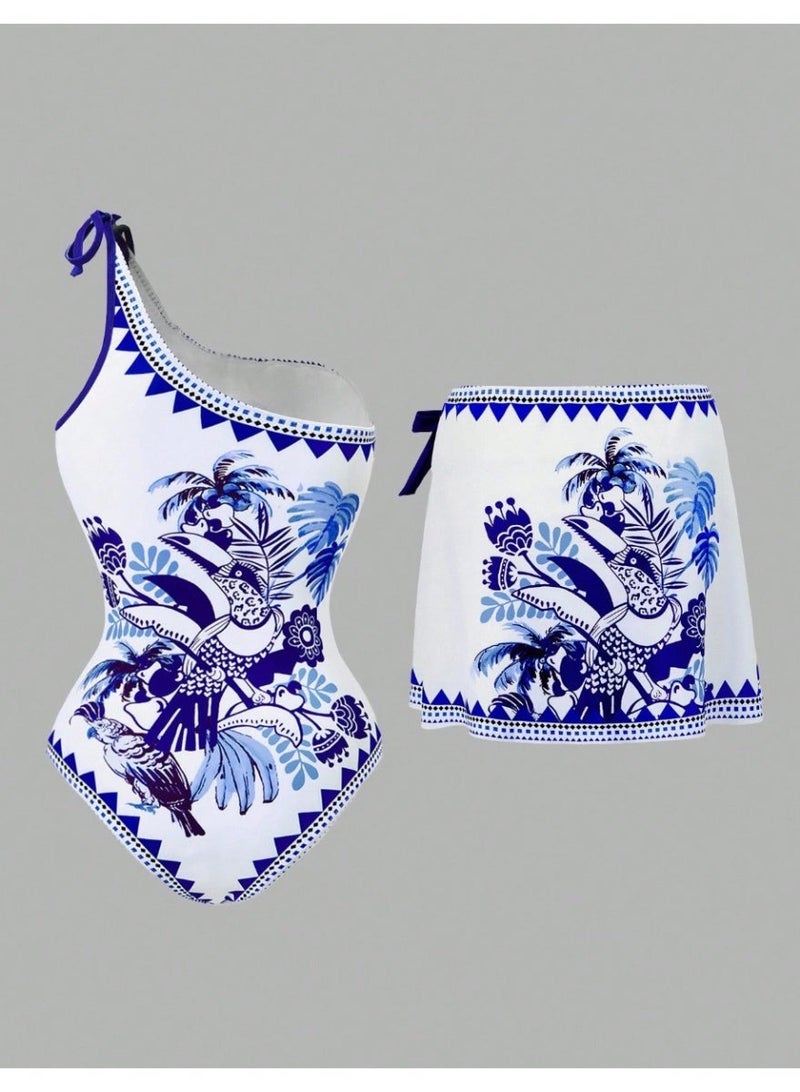 Shein Swim Oasis Women's Tropical Floral & Bird Print Casual One-Piece Swimsuit With Skirt, Halter Neck, Suitable For Vacation And Beach - Image 2