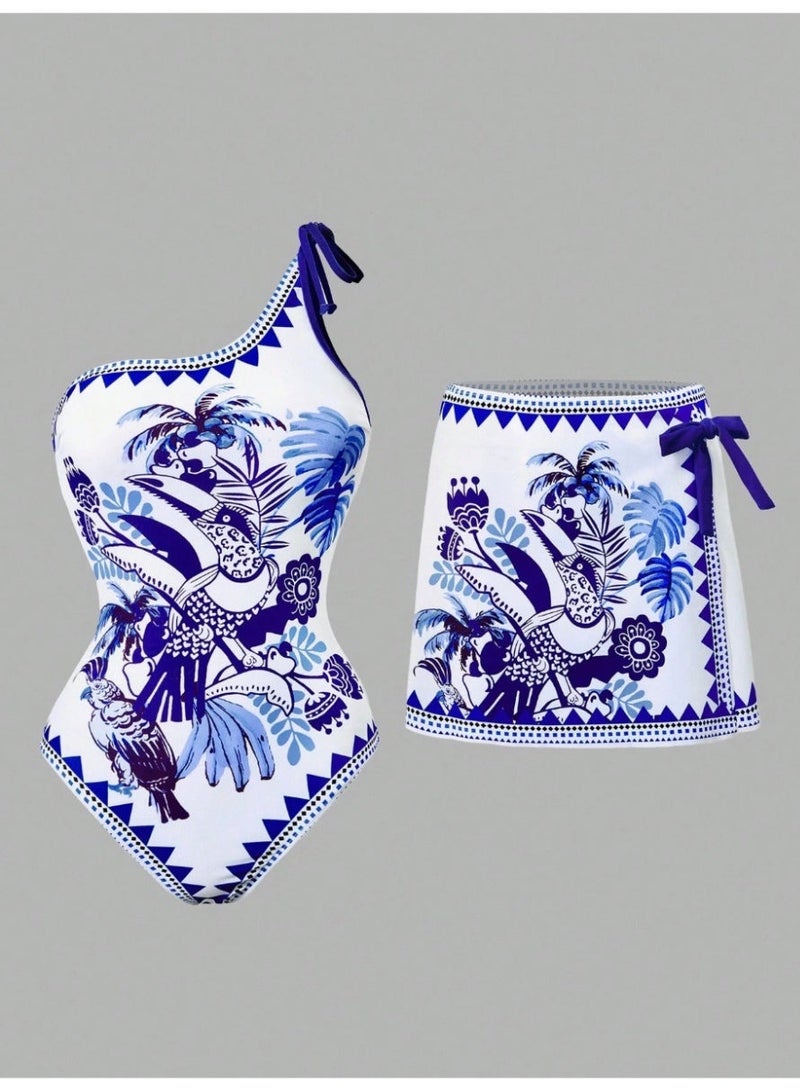 Shein Swim Oasis Women's Tropical Floral & Bird Print Casual One-Piece Swimsuit With Skirt, Halter Neck, Suitable For Vacation And Beach - Image 1