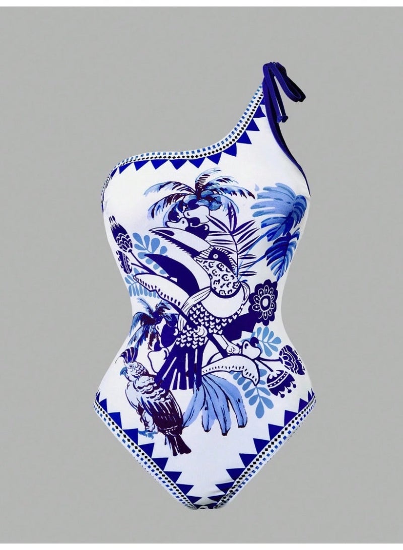 Shein Swim Oasis Women's Tropical Floral & Bird Print Casual One-Piece Swimsuit With Skirt, Halter Neck, Suitable For Vacation And Beach - Image 5