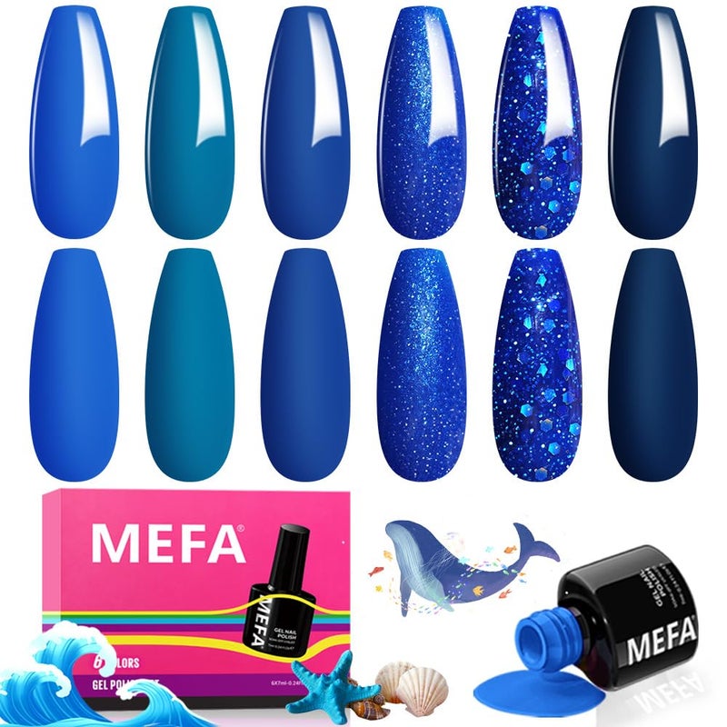 MEFA Blue Gel Nail Polish Set,6 Colors Midnight Navy Sapphire Blue Nail Polish Azure Glitter Dark Shades Starter Kit Soak Off Shimmer Gel Nail Art Design DIY Salon Manicure Holiday Gift for Women - Image 1