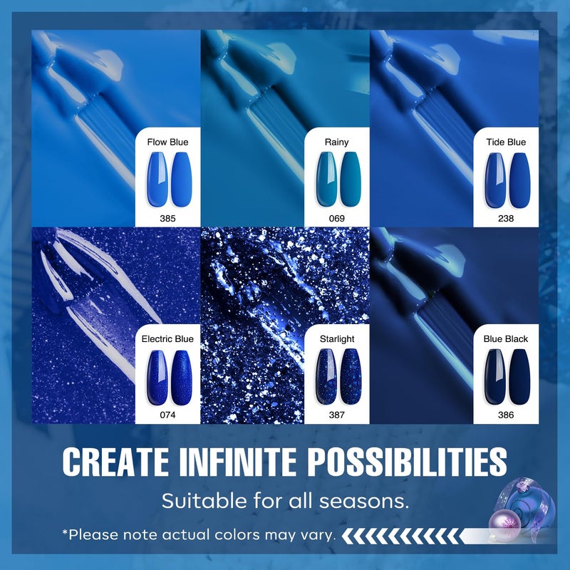 MEFA Blue Gel Nail Polish Set,6 Colors Midnight Navy Sapphire Blue Nail Polish Azure Glitter Dark Shades Starter Kit Soak Off Shimmer Gel Nail Art Design DIY Salon Manicure Holiday Gift for Women - Image 5