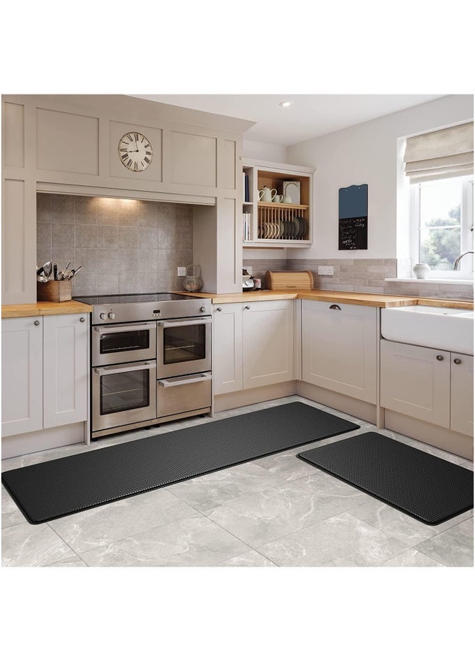 CUSHIONED ANTI-FATIGUE, 2 PIECE SET, BLACK KITCHEN MATS, NON SKID WATERPROOF COMFORT STANDING KITCHEN MATS 120CMX44CM AND 75CMX44CM