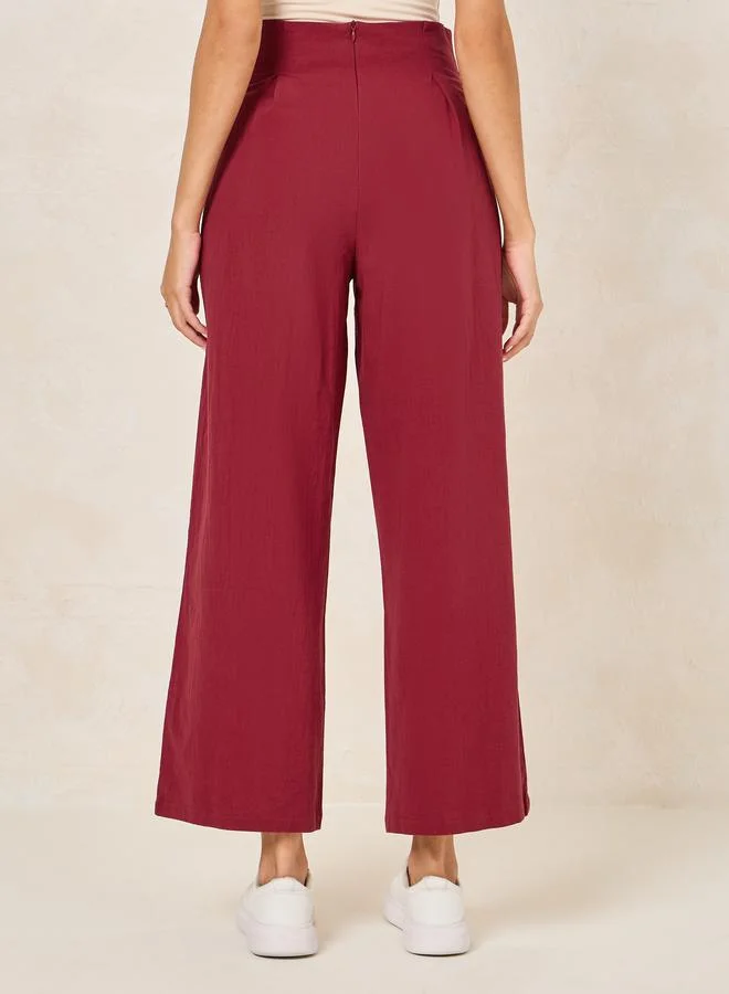 Styli Solid Wide Leg Pants with Box Pleats & Front Button