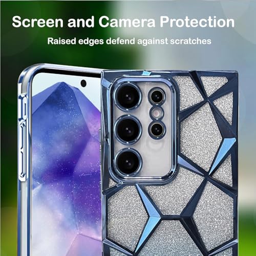 VONZEE Gradient Glitter Clear Case for Samsung S23 Ultra, Luxury Electroplated 3D Cube, Diamond Bling Shiny Soft TPU Clear Shockproof Women Girls Protective Phone Cover (Sierra Blue) - Image 5