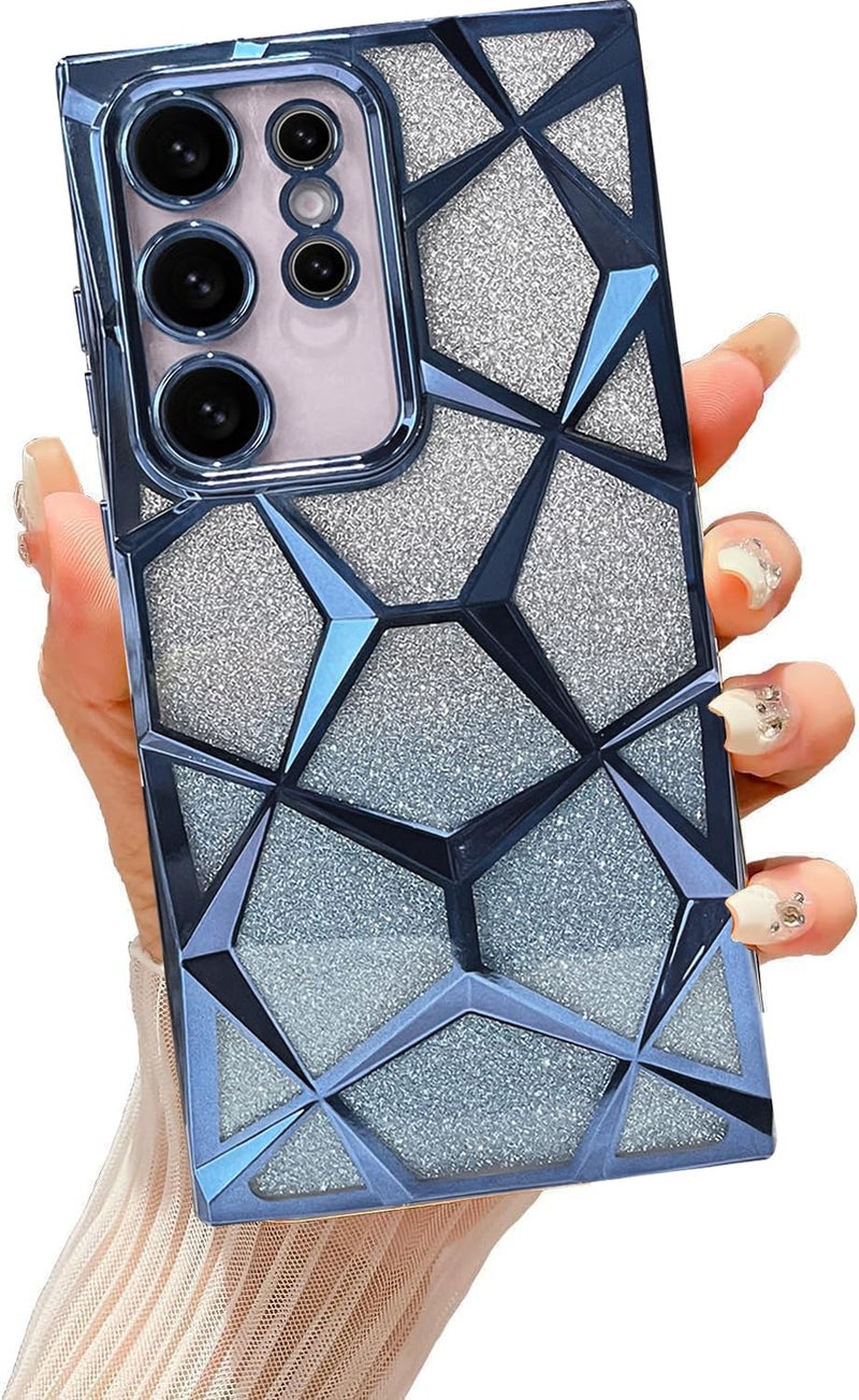 VONZEE Gradient Glitter Clear Case for Samsung S23 Ultra, Luxury Electroplated 3D Cube, Diamond Bling Shiny Soft TPU Clear Shockproof Women Girls Protective Phone Cover (Sierra Blue) - Image 1