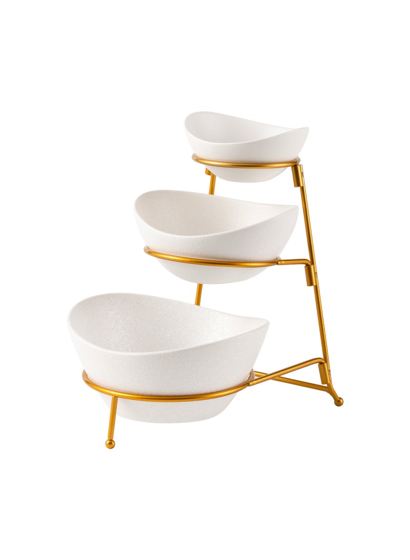 Shallow Porcelain 3-Tier Serving Bowl Set with Gold Stand Rack - 13cm, 15cm, 19cm - Image 1