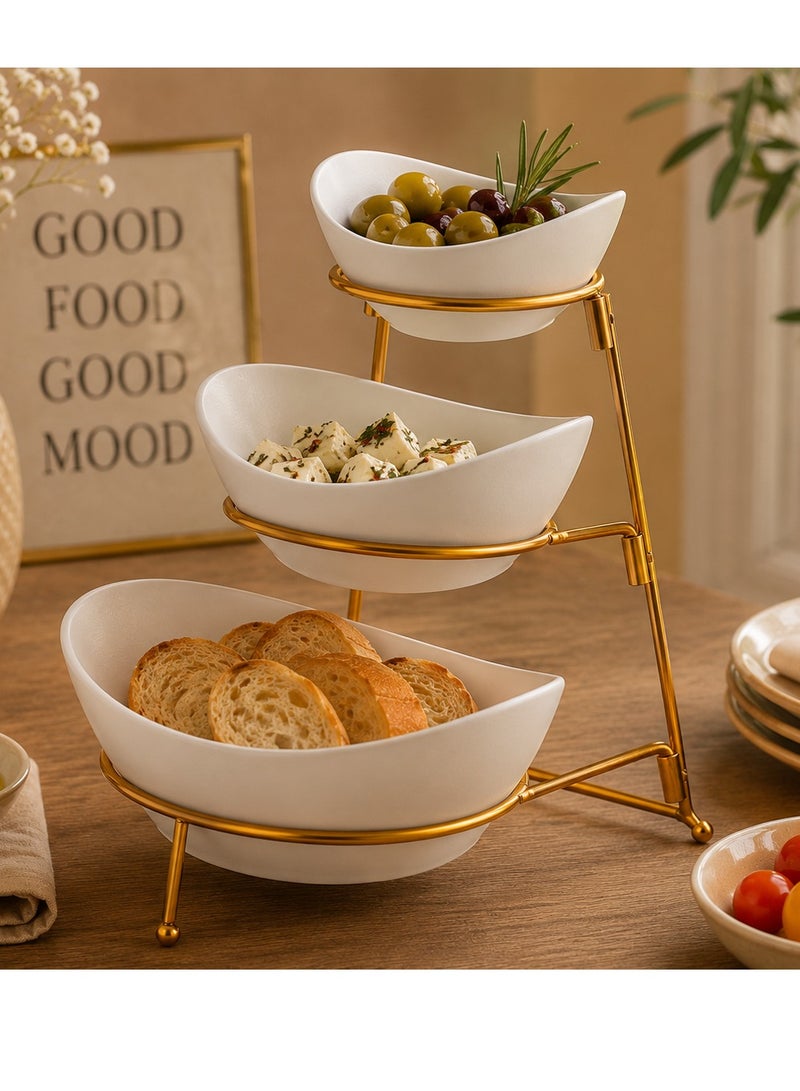 Shallow Porcelain 3-Tier Serving Bowl Set with Gold Stand Rack - 13cm, 15cm, 19cm - Image 2