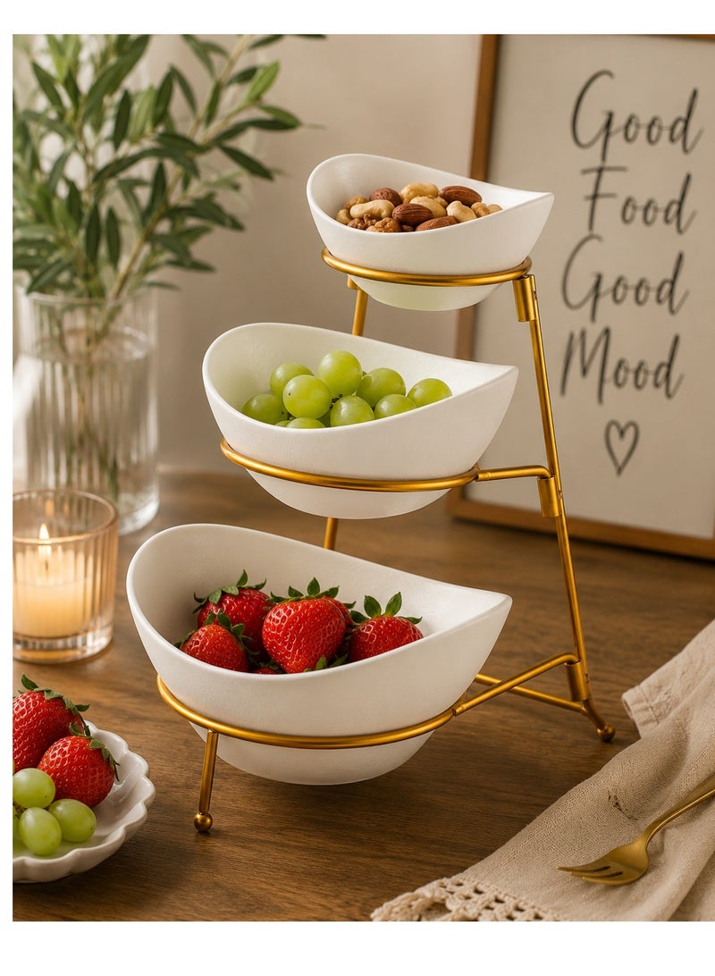 Shallow Porcelain 3-Tier Serving Bowl Set with Gold Stand Rack - 13cm, 15cm, 19cm - Image 3