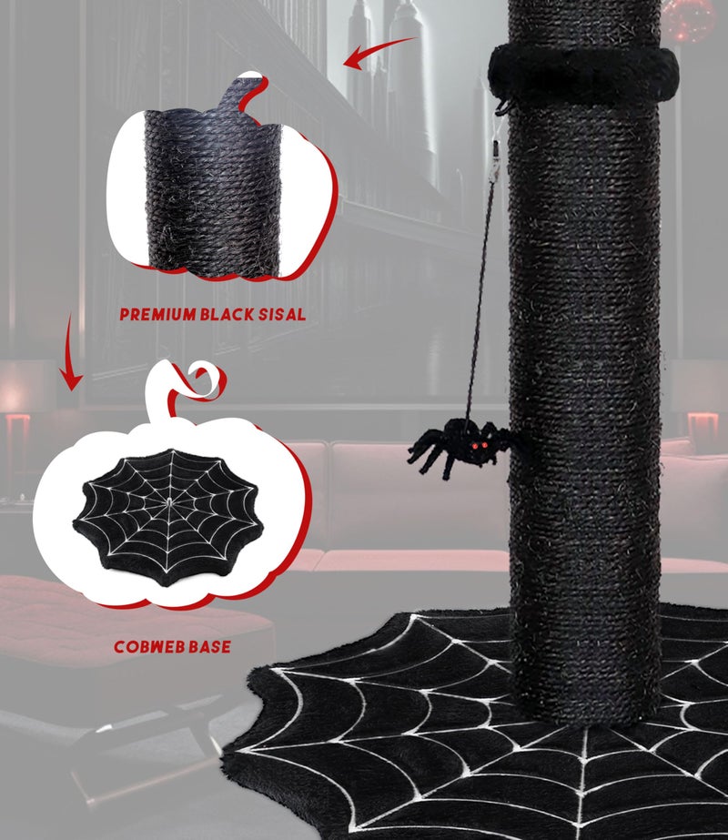 PuzzlePaw Gothic Cat Scratching Post with Spider Dangling Toys for Indoor Cats, Halloween Spooky Cat Scratcher,Activity Cat Play Center Goth Cat Tree Tower Furniture with Cobweb Base,Black - Image 3