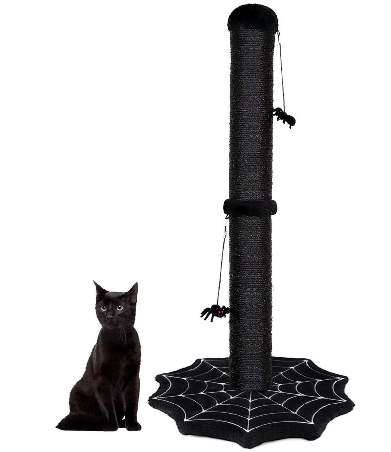 PuzzlePaw Gothic Cat Scratching Post with Spider Dangling Toys for Indoor Cats, Halloween Spooky Cat Scratcher,Activity Cat Play Center Goth Cat Tree Tower Furniture with Cobweb Base,Black - Image 1