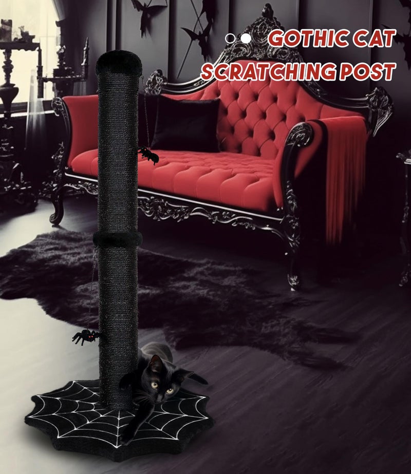 PuzzlePaw Gothic Cat Scratching Post with Spider Dangling Toys for Indoor Cats, Halloween Spooky Cat Scratcher,Activity Cat Play Center Goth Cat Tree Tower Furniture with Cobweb Base,Black - Image 2