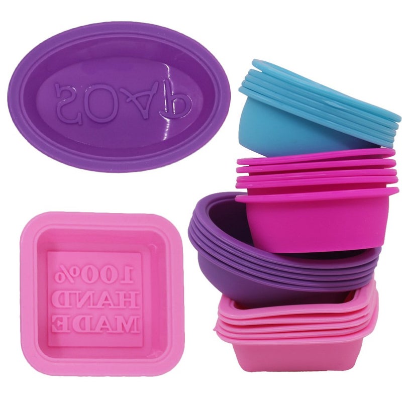 FineGood 20 Pcs Silicone Soap Making Molds, Square Round Oval Shaped, FineGood Soft Cupcake Muffin Baking Pan for DIY Homemade Craft, Food Grade - Pink, Blue, Rose Red, Purple - Image 2