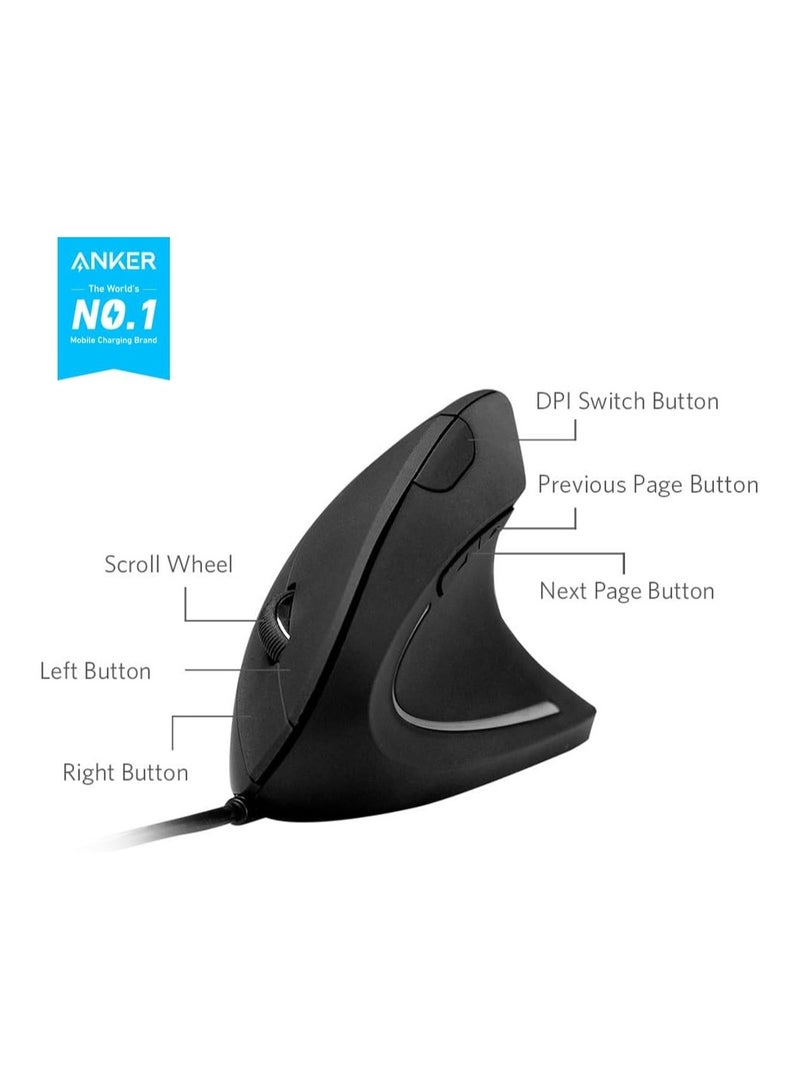 Anker Vertical ergonomic optical mouse – USB cable compatible, for right handers, hand and joint comfort, 1000/1600 DPI, 5 Buttons. Black - Image 2