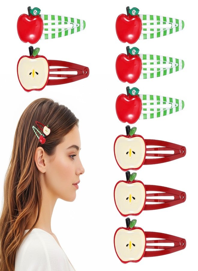 Shimmeroo Red Apple Hair Clip, 8 PCS Cute Fruit Stripes Hair Clips Apple Barrettes with Rhinestones for Women Girls Teacher Student New Year Decorative Thin & Thick Accessories(2 Styles) - Image 1