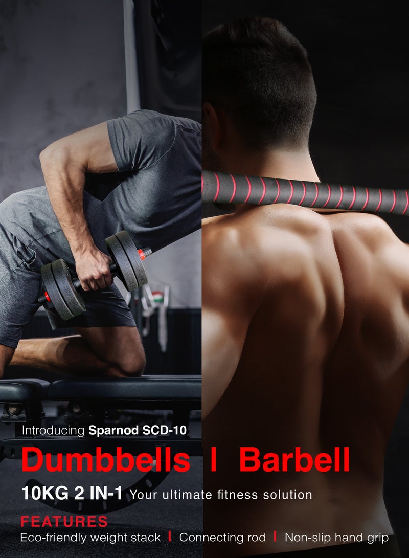 Sparnod Fitness SCD-10 2-In-1 Dumbbells/Barbell Set (10Kg) - Easy 3-Step Assembly With Connector Rod, Eco-Friendly Weights, Concrete Dumbbells With Pvc Coating, Slip-Free Handgrip, Total Home Fitness - Image 2