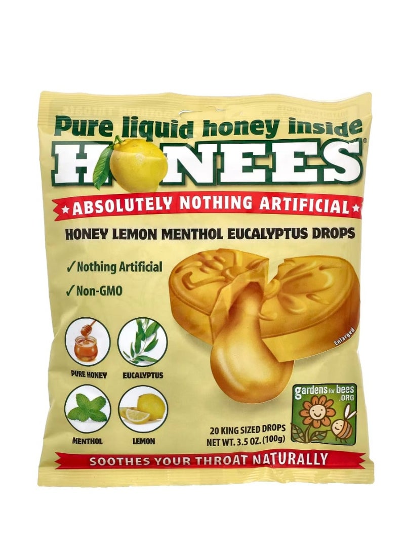 Honees Honey Lemon Menthol Eucalyptus Cough Drops 20 King Sized Drops 3.5 oz (100 g) - Image 1