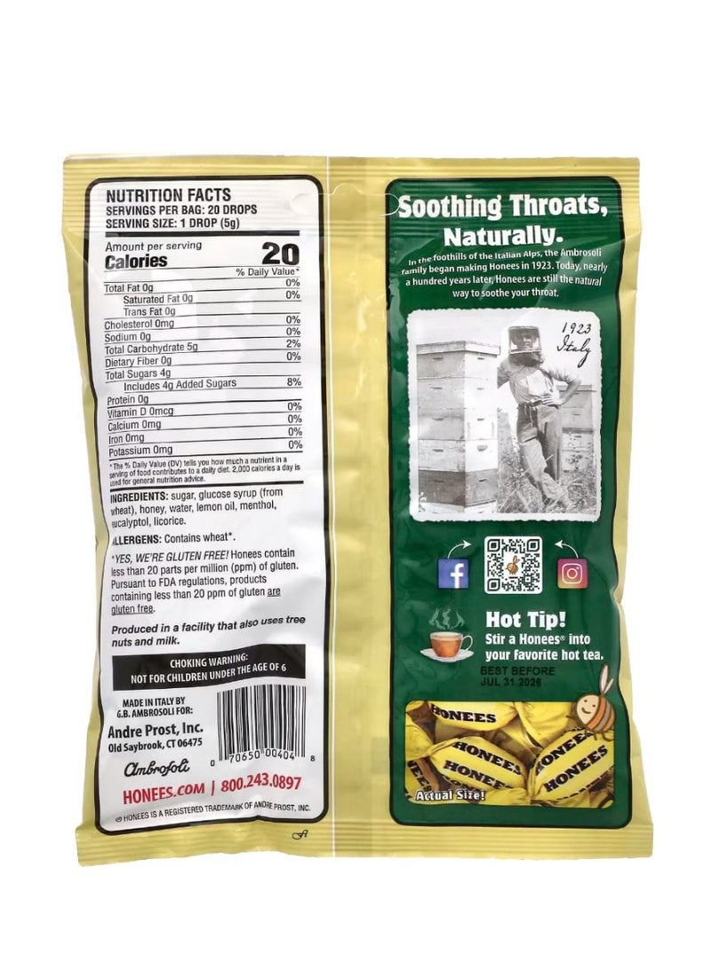 Honees Honey Lemon Menthol Eucalyptus Cough Drops 20 King Sized Drops 3.5 oz (100 g) - Image 2