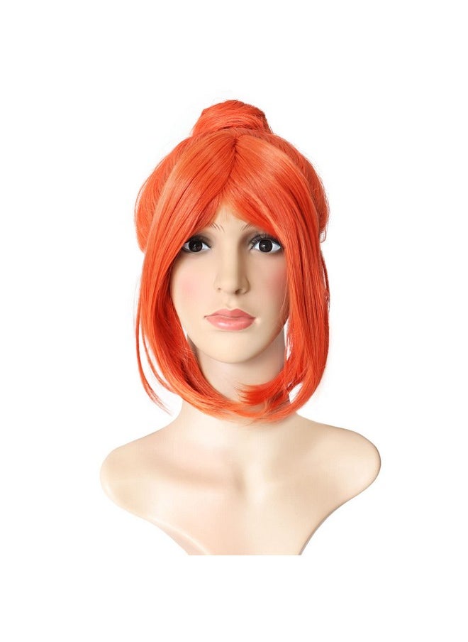 Prettybuy 13" Synthetic Orange Hair Short Straight Bob Wig With Bangs With One Hair Bun Wig Heat Resistance Fiber Wig For Daily Use Cosply Parties And Halloween  - Image 1