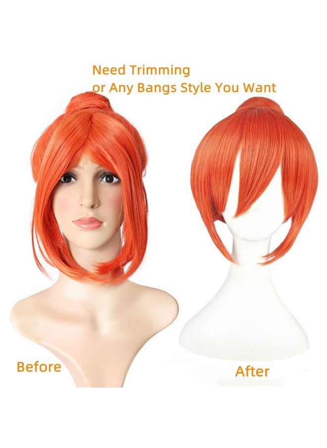 Prettybuy 13" Synthetic Orange Hair Short Straight Bob Wig With Bangs With One Hair Bun Wig Heat Resistance Fiber Wig For Daily Use Cosply Parties And Halloween  - Image 5