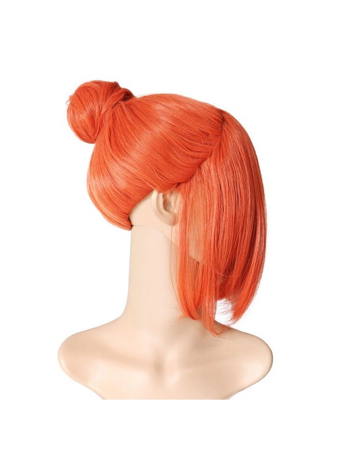 Prettybuy 13" Synthetic Orange Hair Short Straight Bob Wig With Bangs With One Hair Bun Wig Heat Resistance Fiber Wig For Daily Use Cosply Parties And Halloween  - Image 3