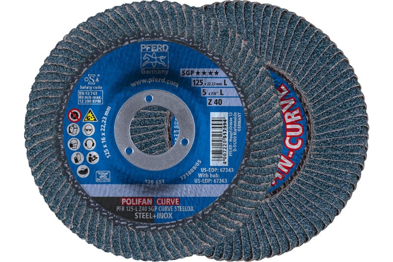 PFERD POLIFAN®-Curve Radial Type Flap Disc - 5" x 7/8", 40 Grit Zirconia, Welding Accessory and Angle Grinder Attachment - For Steel and Stainless Steel (INOX) Grinding - Pack of 1 - Part 67343 - Image 1
