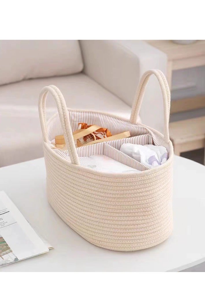 سلة تخزين متعددة الوظائف من حبل قطني منسوج لتخزين مستلزمات الأم والطفل، الحفاضات، الزجاجات، المناديل، الألعاب، الأغراض المتنوعة، سلة تخزين متعددة الوظائف، لون بيج 38*25*17 سم - Image 5