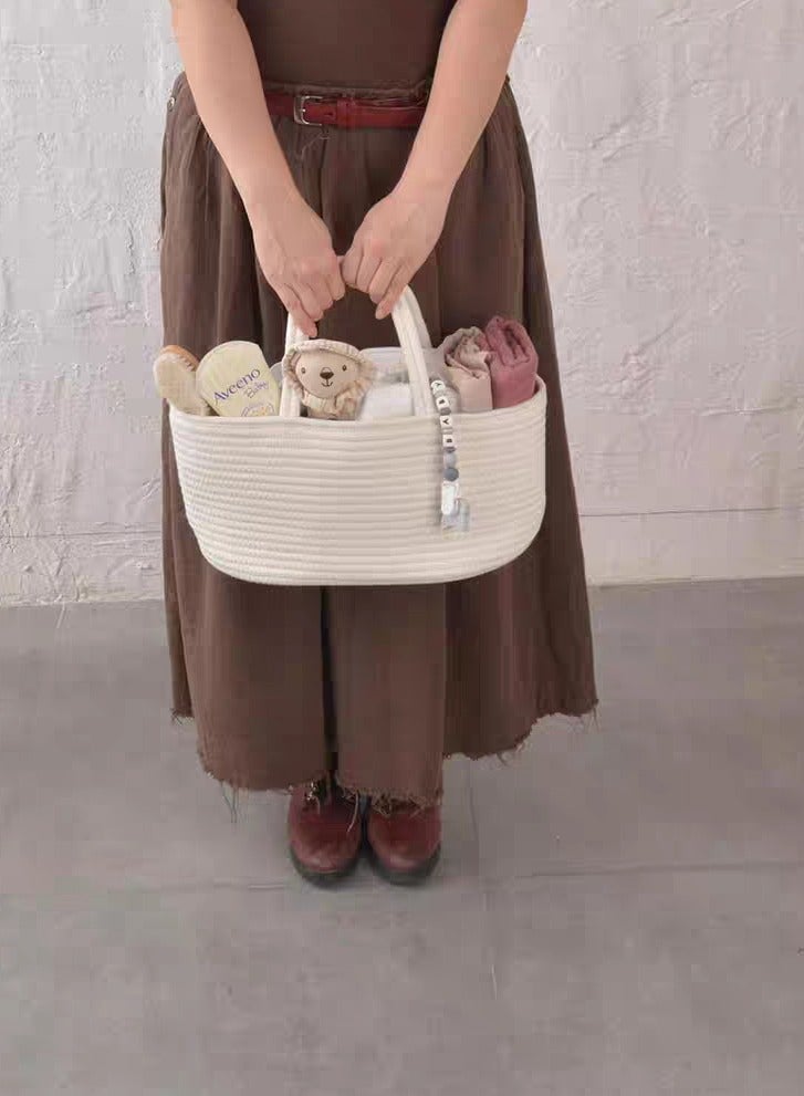 سلة تخزين متعددة الوظائف من حبل قطني منسوج لتخزين مستلزمات الأم والطفل، الحفاضات، الزجاجات، المناديل، الألعاب، الأغراض المتنوعة، سلة تخزين متعددة الوظائف، لون بيج 38*25*17 سم - Image 4