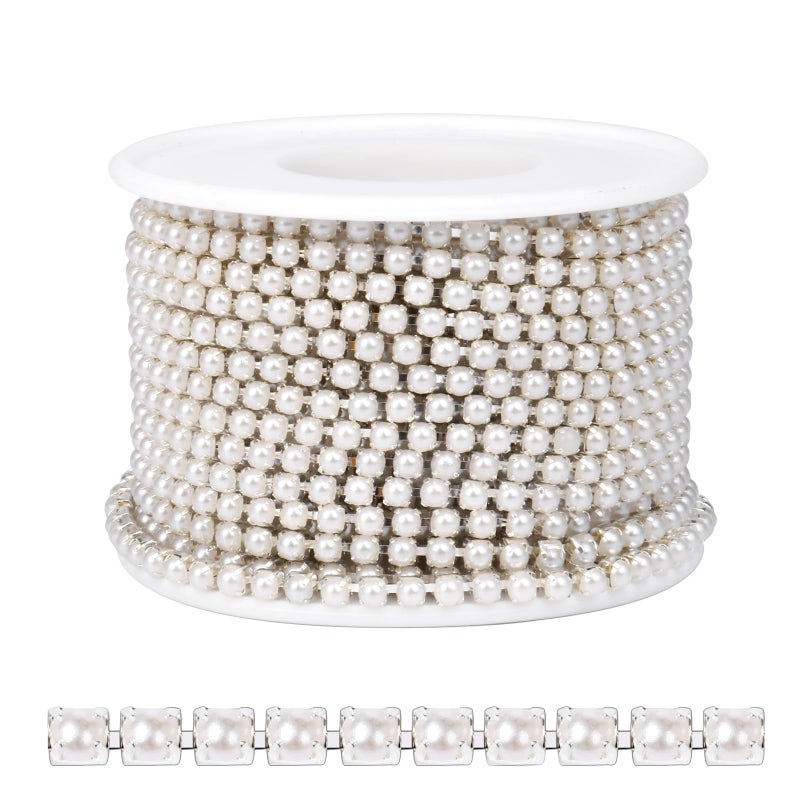 10 Yards Silver Pearl Trim Chain for Craft 3MM Pearl Beaded Cup Chain Trim by Yard for Sewing DIY Crafts Jewelry Making Decoration