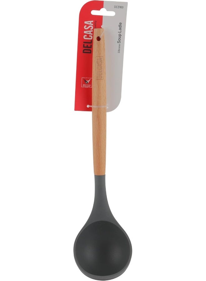 DELCASA Delcasa DC3169 Silicone Soup Ladle with Wooden Handle, Black/Brown  - Image 4