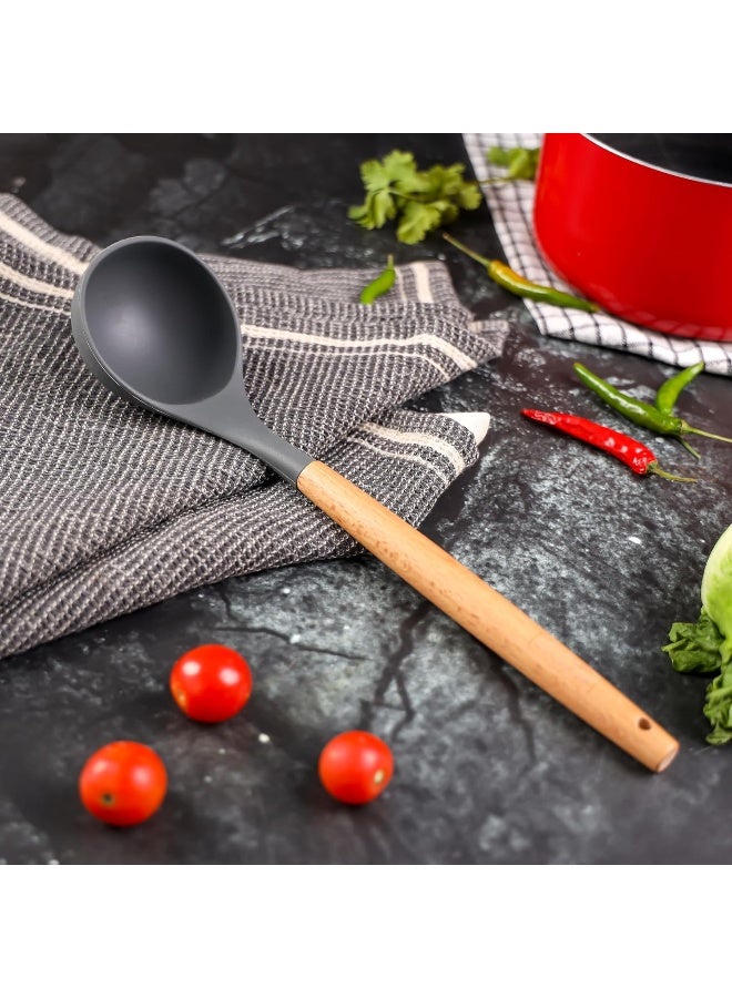 DELCASA Delcasa DC3169 Silicone Soup Ladle with Wooden Handle, Black/Brown  - Image 1