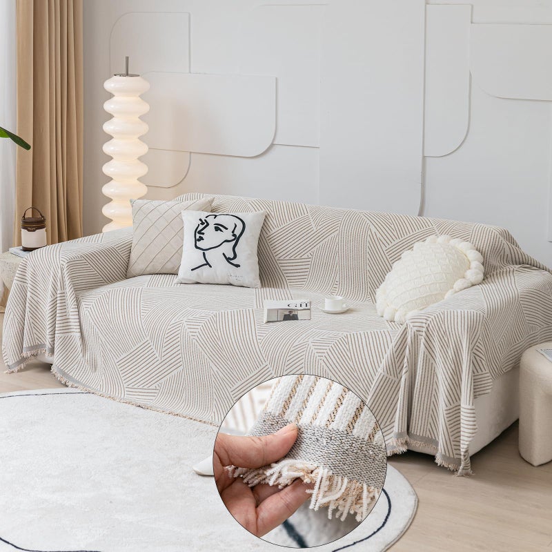 HANDONTIME Chenille Couch Cover Khaki Sofa Covers Washable Geometric Reversible Beige Couch Protector for Dogs Striped Sofa Towel Sofa Slipcovers Boho Sofa Covers for 3 Cushion Couch 71 X118