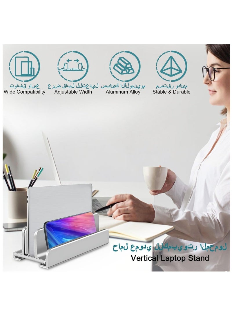YIM-VIBEHAUS Vertical Laptop Stand, Adjustable Desktop Laptop Stand Aluminum Alloy Notebook Mount Base Space-Saving 2 Slot Laptop Storage with Non-Slip Rubber Padding, Desk Organizer for MacBook Tablet iPad Phone  - Image 2