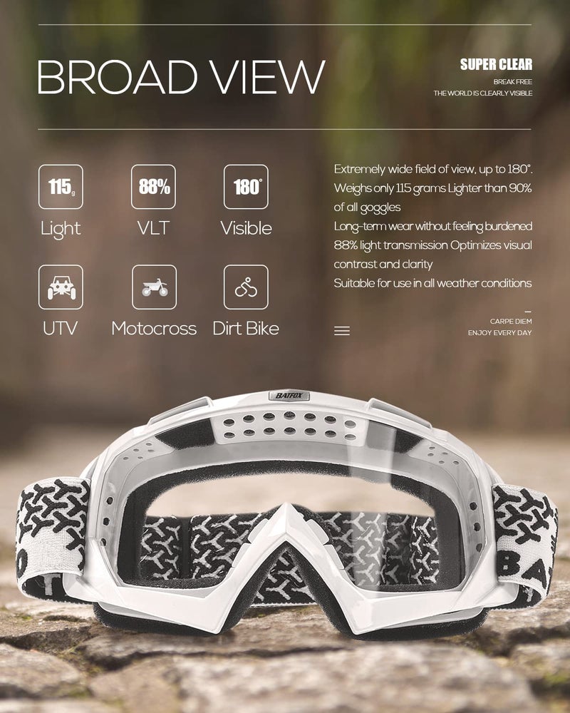 BATFOX Dirt Bike ATV Goggles Motorcycle Glasses Riding Motocross 4-Wheeler MX DH Accessories for Men Women Youth UV Protection Safety Dust-Proof Anti-Slip Strap(Clear-White) - Image 4