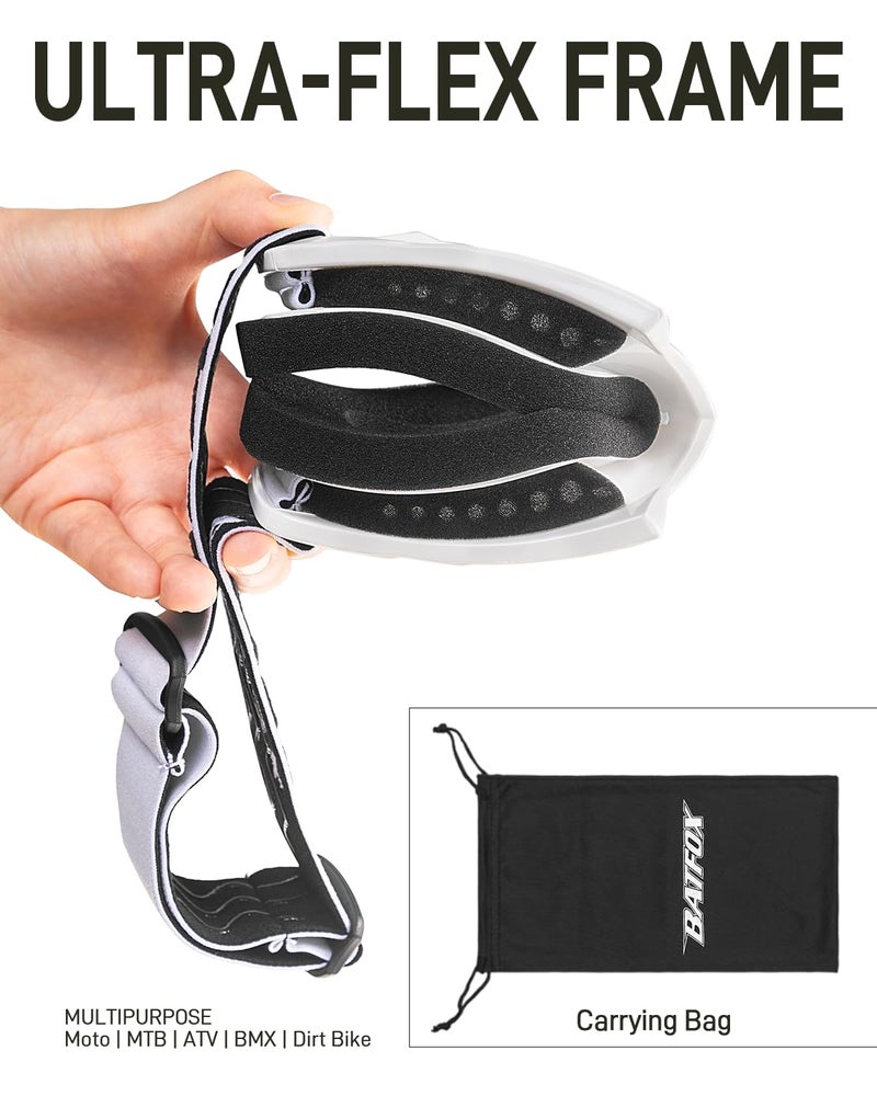 BATFOX Dirt Bike ATV Goggles Motorcycle Glasses Riding Motocross 4-Wheeler MX DH Accessories for Men Women Youth UV Protection Safety Dust-Proof Anti-Slip Strap(Clear-White) - Image 5