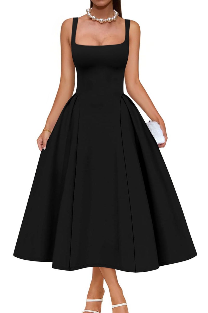Memoriesea Women's Elegant Square Neck Swing A Line Wedding Evening Party Midi Dress Black - Image 1