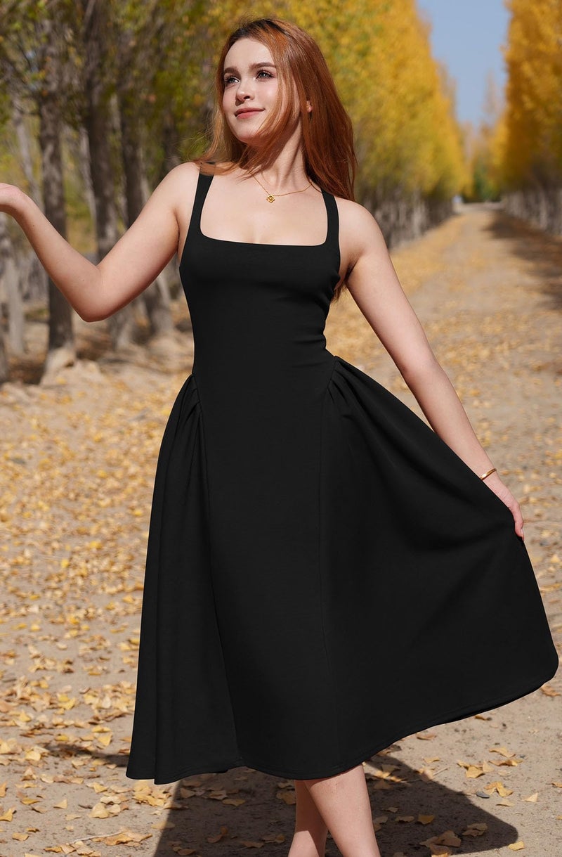 Memoriesea Women's Elegant Square Neck Swing A Line Wedding Evening Party Midi Dress Black - Image 2