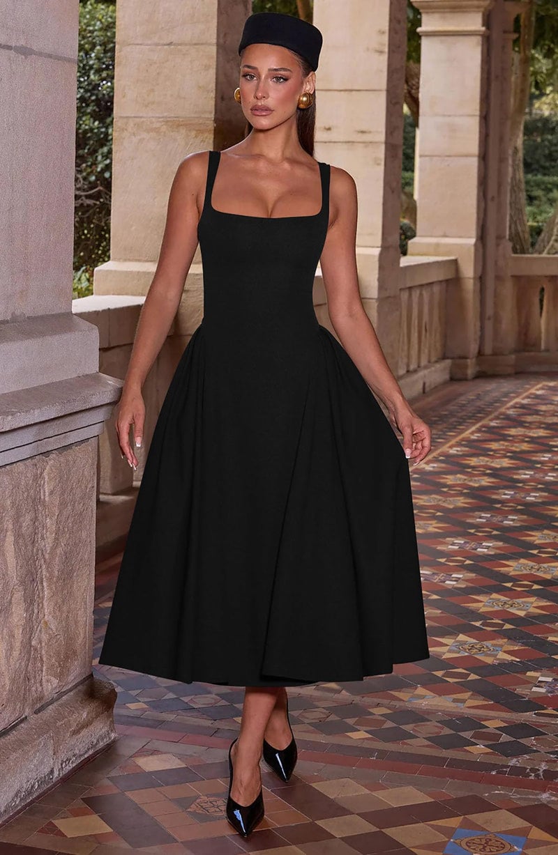 Memoriesea Women's Elegant Square Neck Swing A Line Wedding Evening Party Midi Dress Black - Image 5